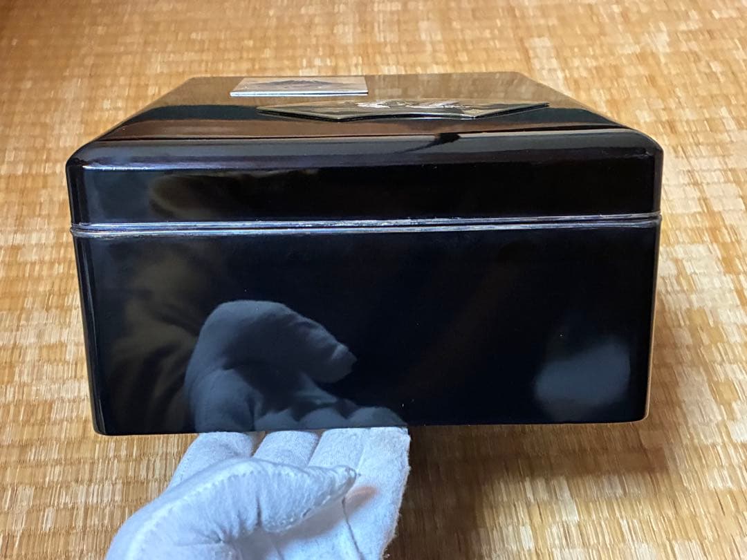 漆器 重箱 銀細工 富士山と鶴の絵柄 文箱 三越謹製 作家物 共