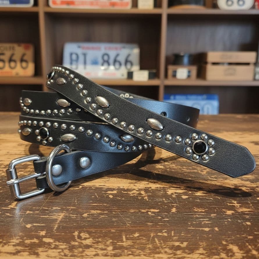 フラワー黒□本革レザーフルスタッズナローベルト☆アメカジ古着