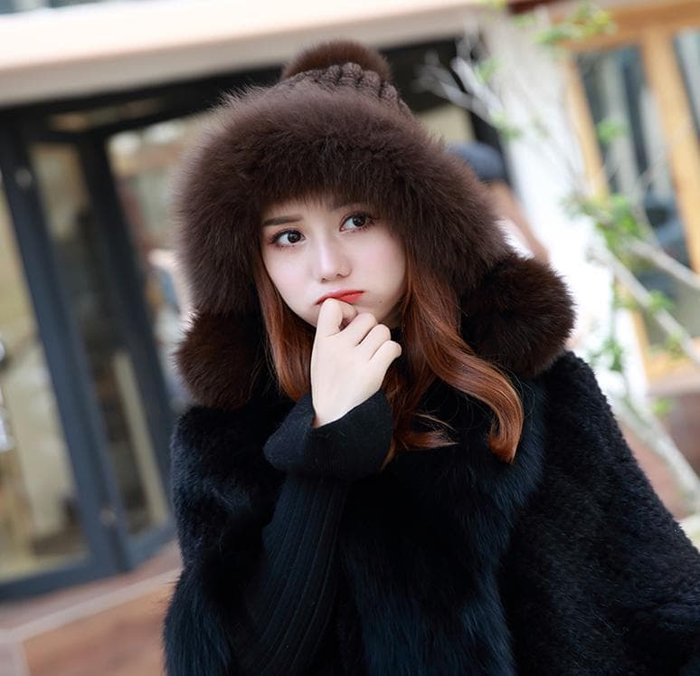 新品限定◇フォックスとミンク編みこみ帽子 ◇ポンポン付き/茶◇毛皮