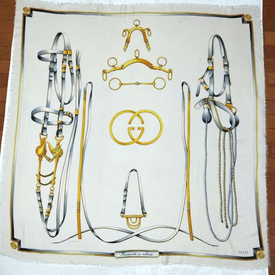 【希少品】GUCCI オールドグッチ　馬具柄　大判スカーフ　ウール　シルク