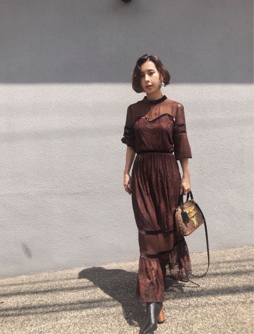 AMERI シアーレースドレスSHEER LACE DRESSボルドー L108557007