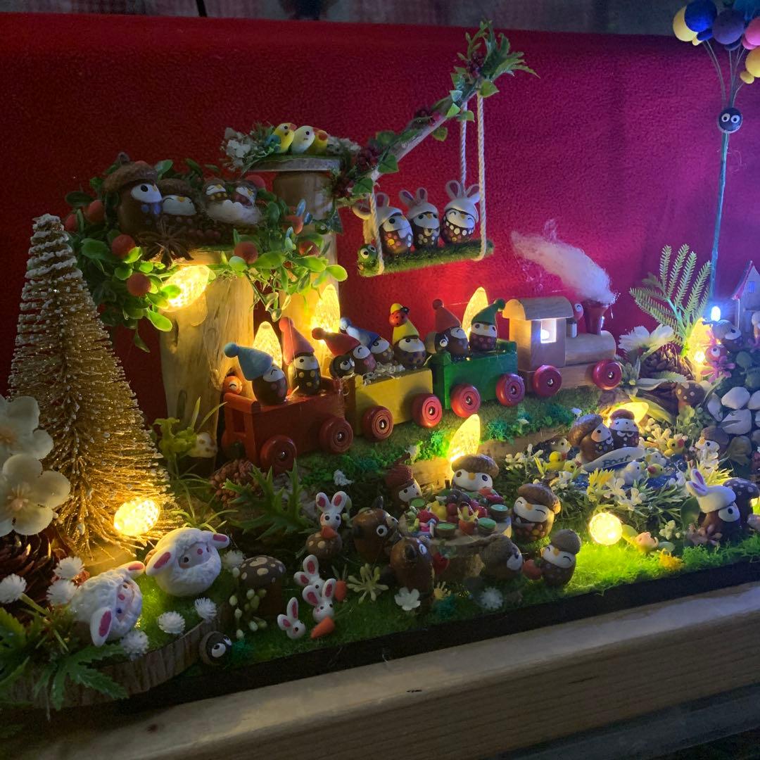 どんぐりアート♡汽車レインボーフクロウ他イルミネーションオブジェ ♡