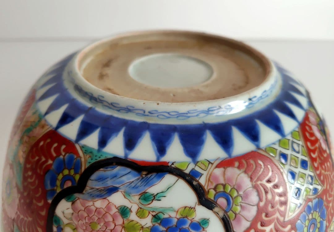 古伊万里　大鉢　赤絵花鳥　直径約24.4cm　二重高台　幕末明治〜　紫陽花　骨董