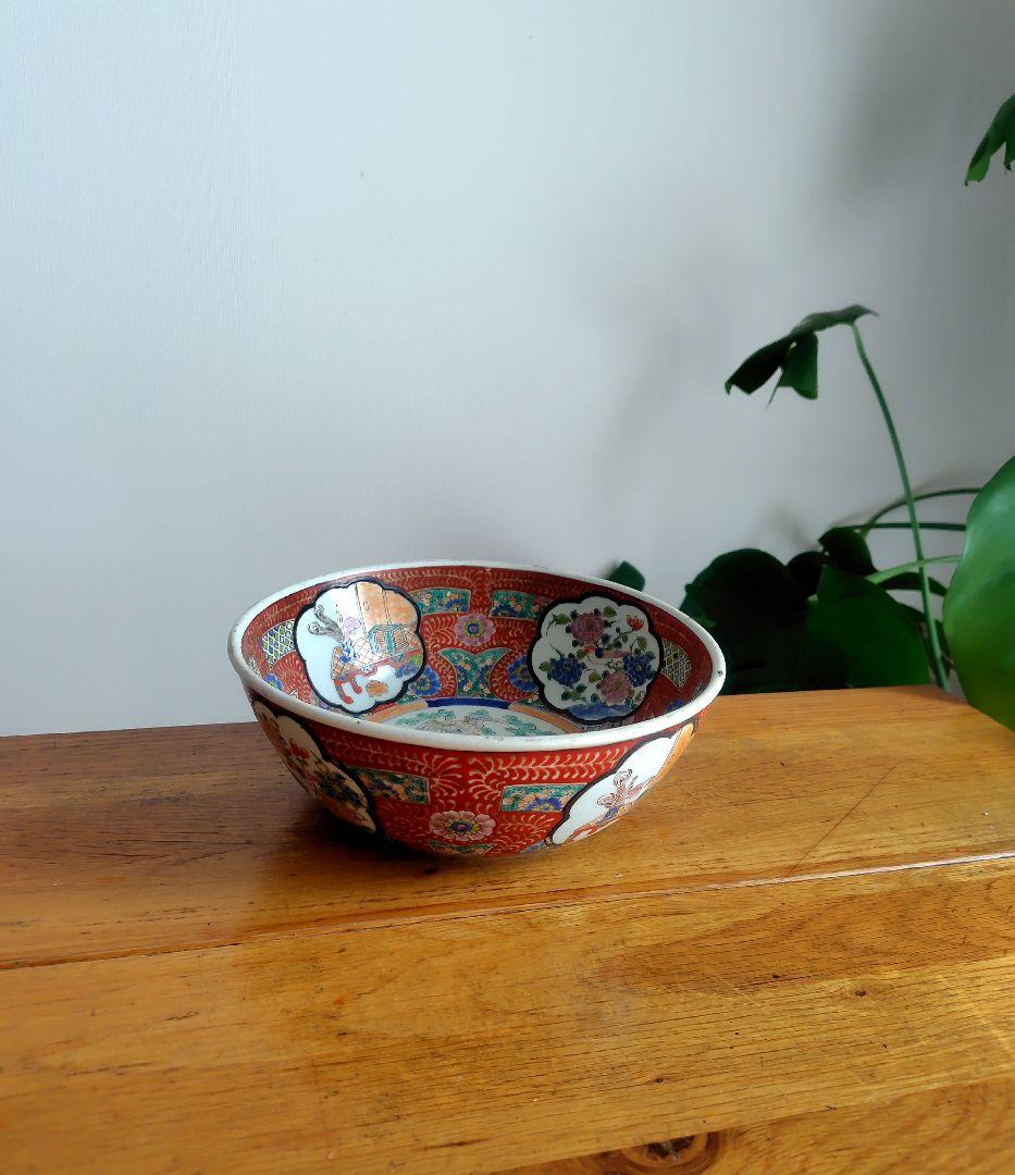 古伊万里　大鉢　赤絵花鳥　直径約24.4cm　二重高台　幕末明治〜　紫陽花　骨董