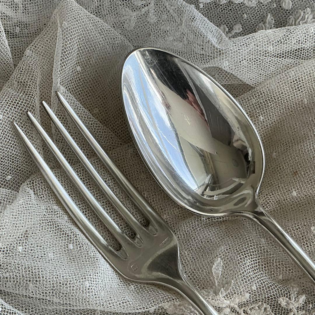 【C-１】フランスアンティーク　すずらん　スプーン＆フォーク　1組　モノグラム