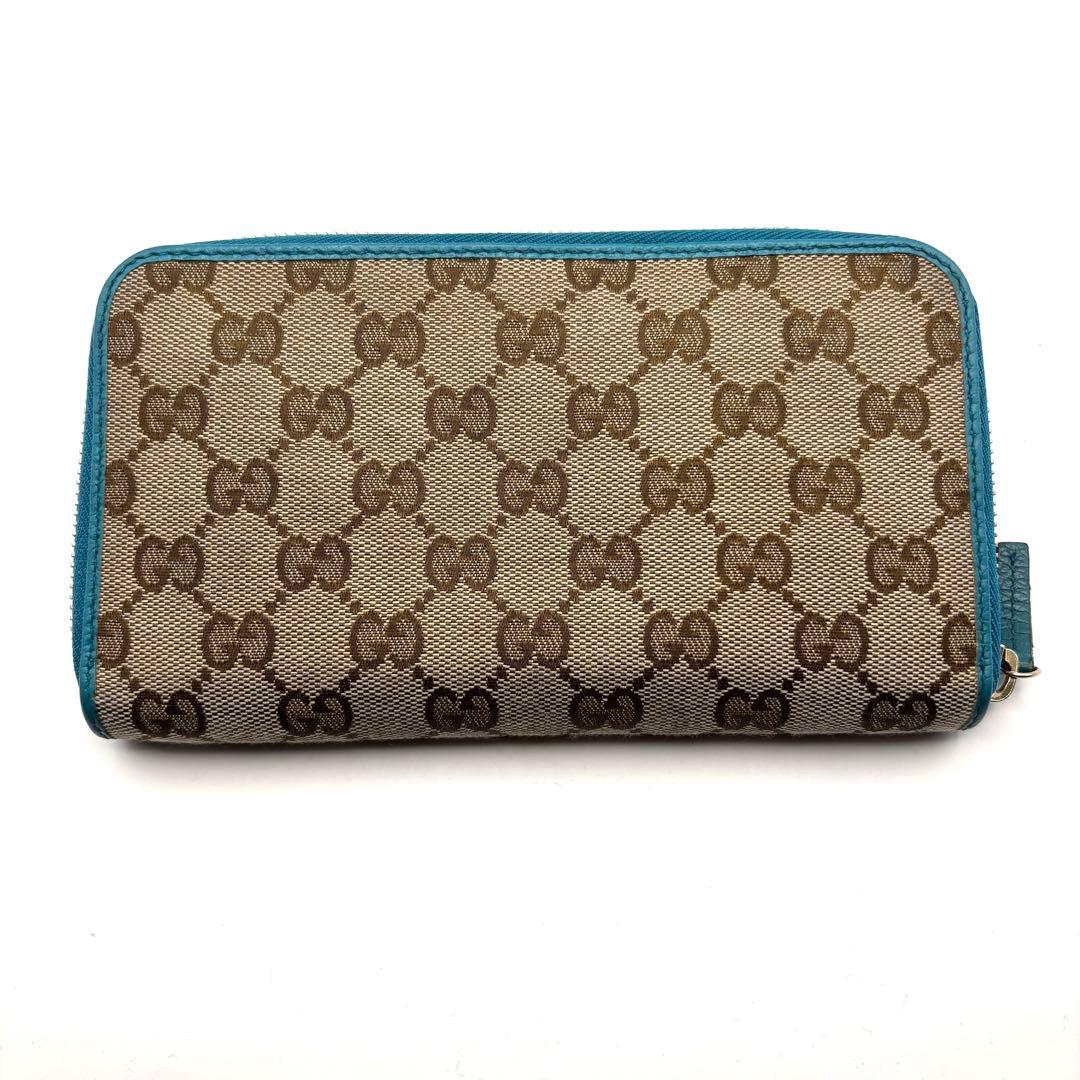 グッチ 長財布 GG キャンバス ターコイズ ブルー ラウンドファスナー