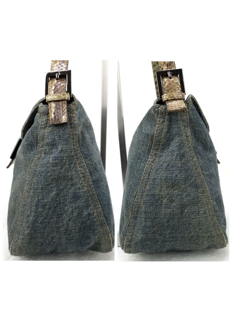 FENDI マンマバケット デニム×パイソン ショルダーバッグ　ミリタリグリーン