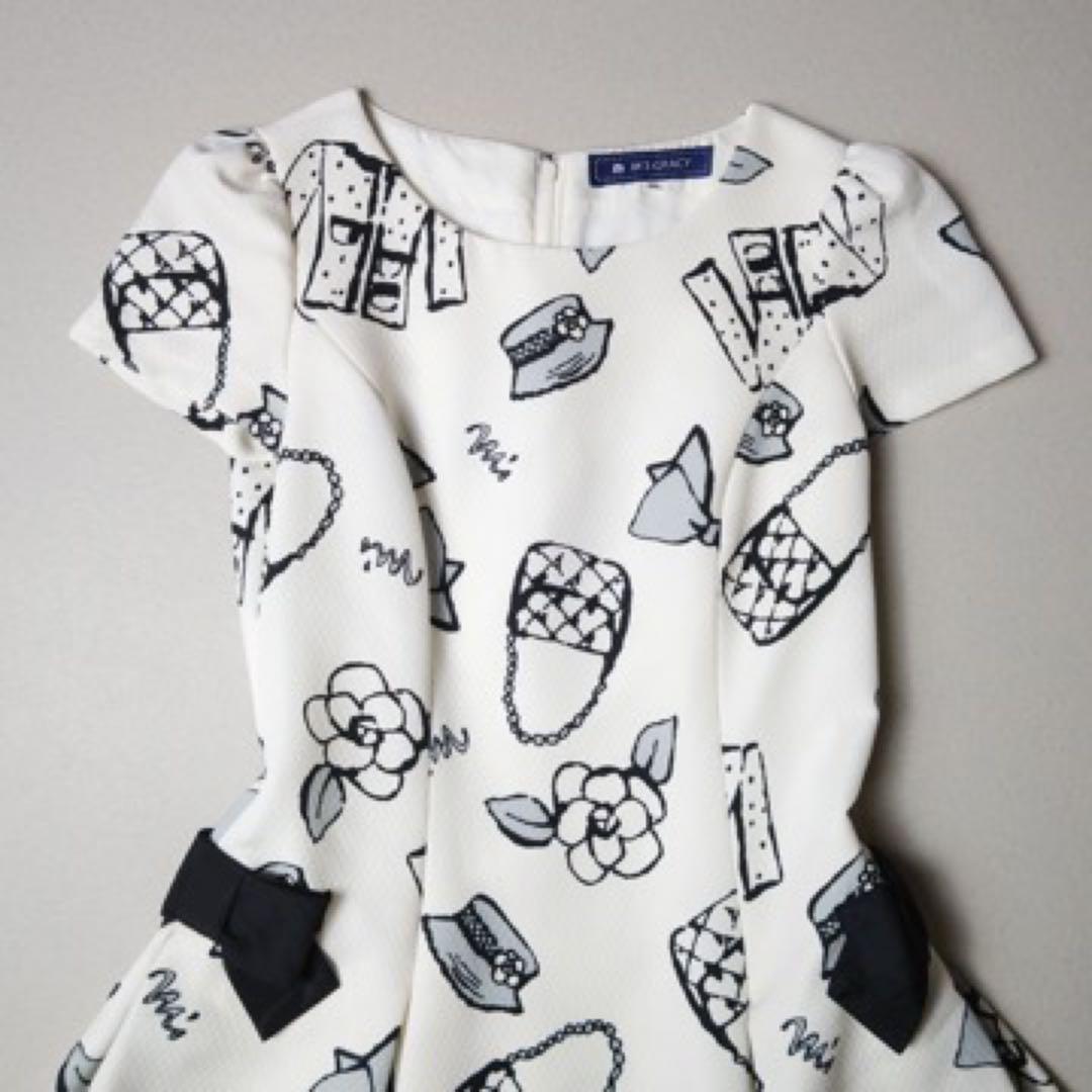 エムズグレイシー　ワンピース　総柄　白　カメリア　リボン　フレア　Aライン