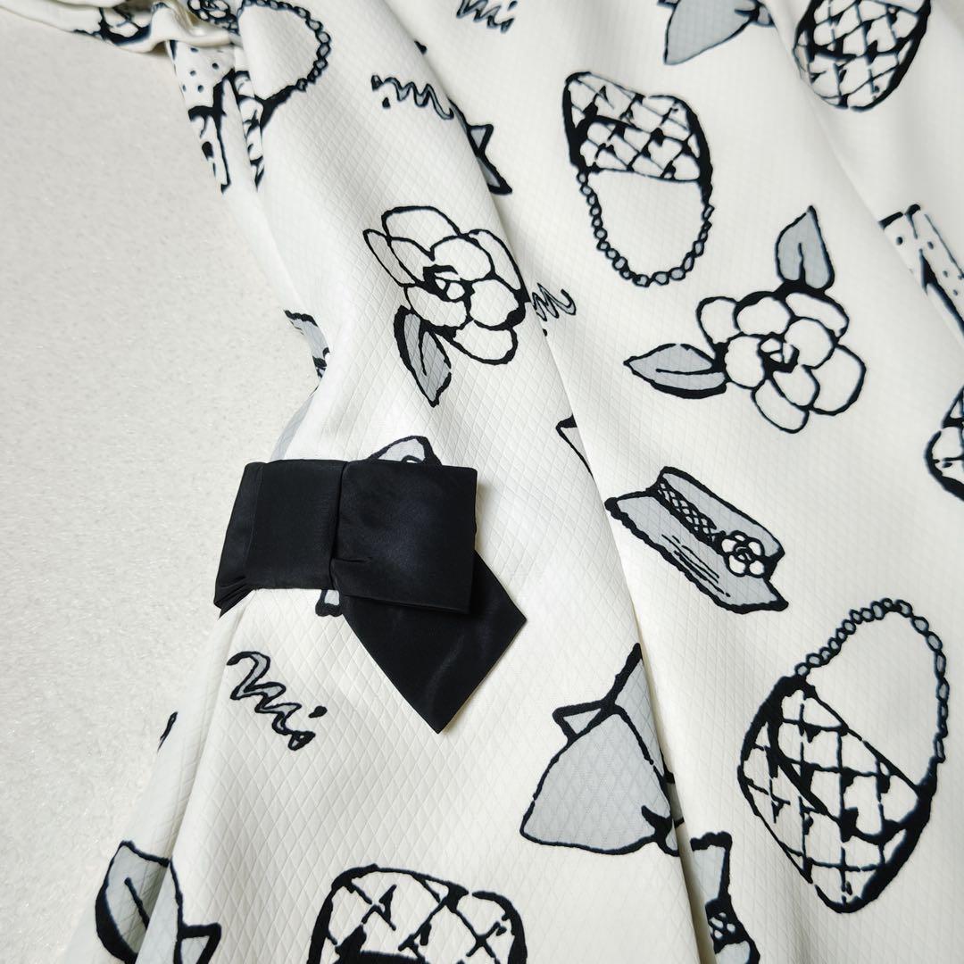 エムズグレイシー　ワンピース　総柄　白　カメリア　リボン　フレア　Aライン