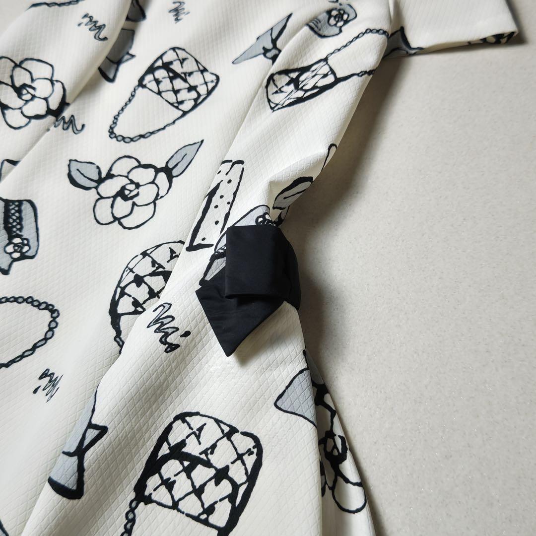 エムズグレイシー　ワンピース　総柄　白　カメリア　リボン　フレア　Aライン