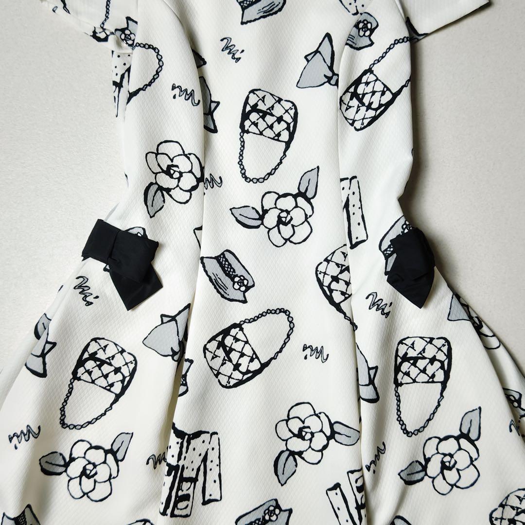 エムズグレイシー　ワンピース　総柄　白　カメリア　リボン　フレア　Aライン