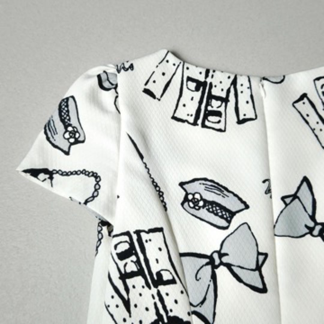 エムズグレイシー　ワンピース　総柄　白　カメリア　リボン　フレア　Aライン