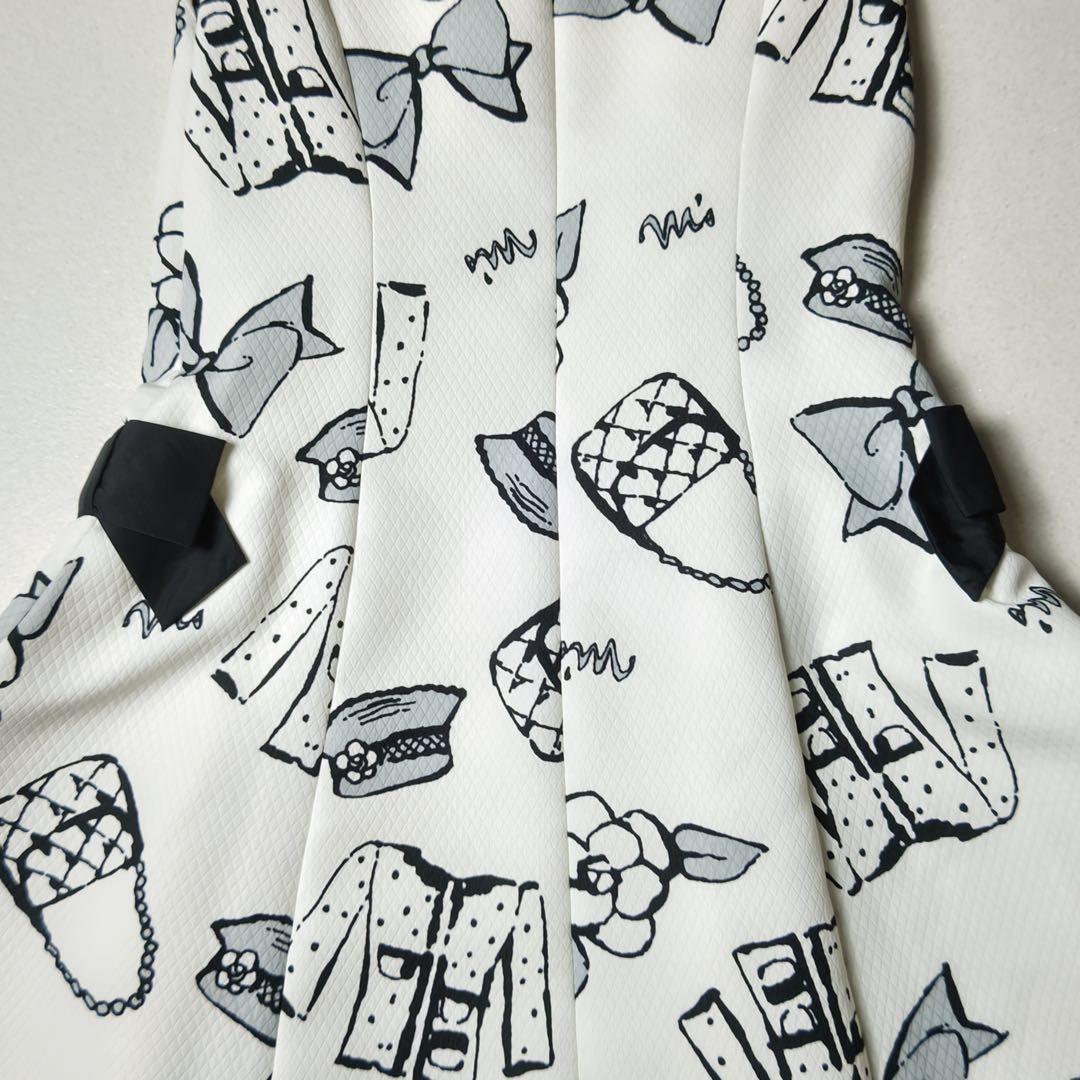 エムズグレイシー　ワンピース　総柄　白　カメリア　リボン　フレア　Aライン