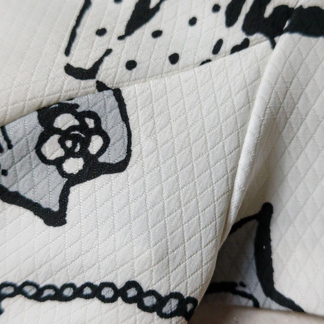 エムズグレイシー　ワンピース　総柄　白　カメリア　リボン　フレア　Aライン