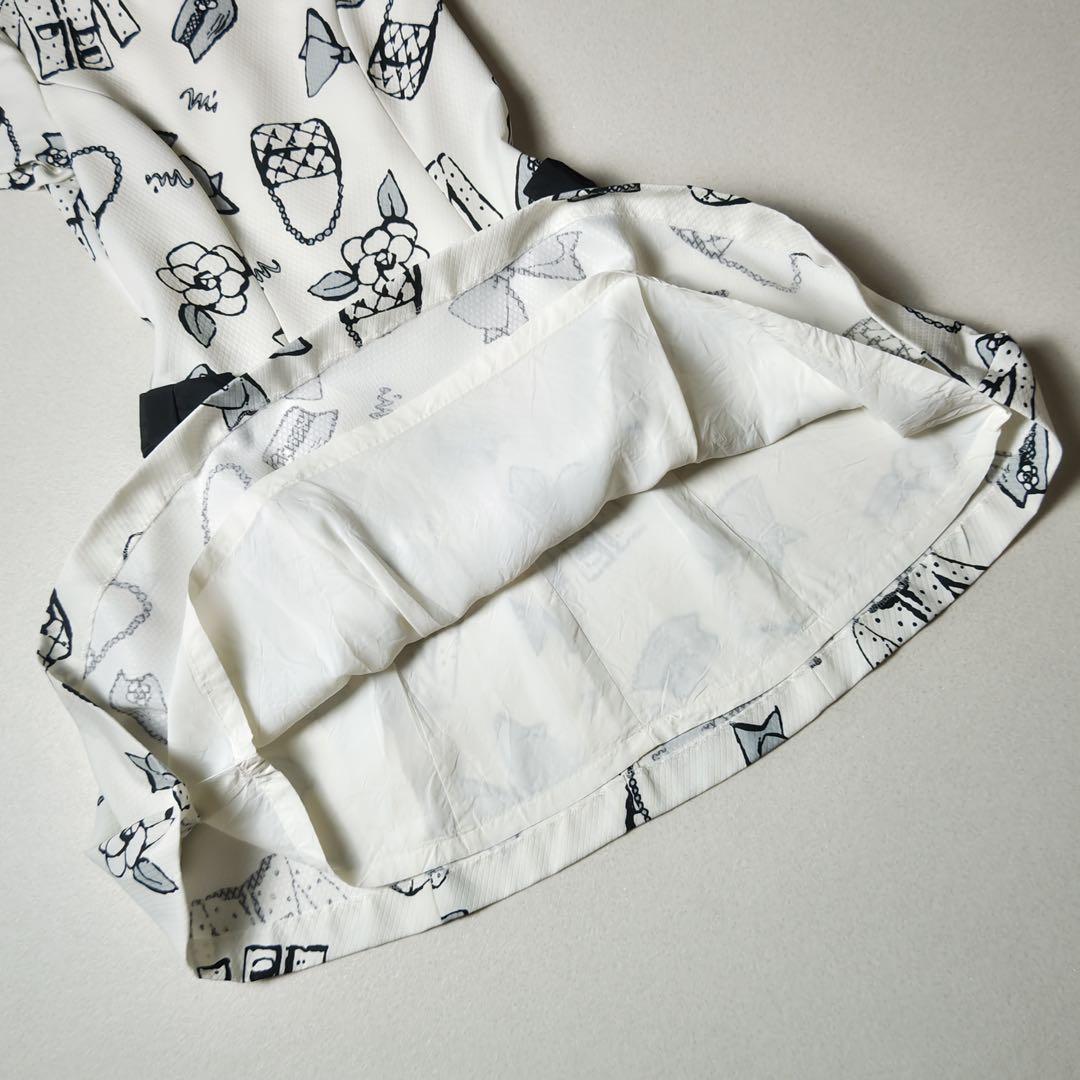 エムズグレイシー　ワンピース　総柄　白　カメリア　リボン　フレア　Aライン