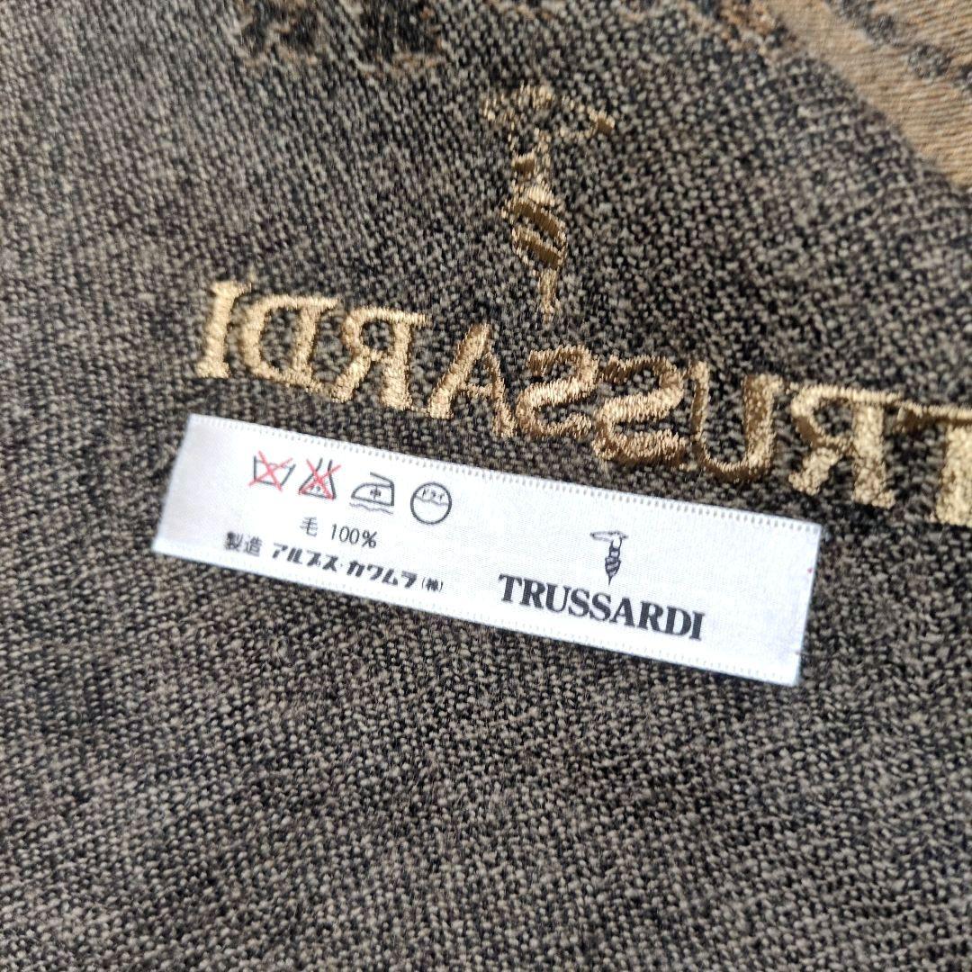 TRUSSARDI 扇と置時計 大判ウールストール ショール 茶系
