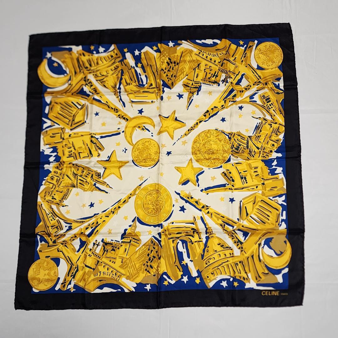 美品 ☆CELINE☆ スカーフ 大判 スターボール パリ シルク ブラック