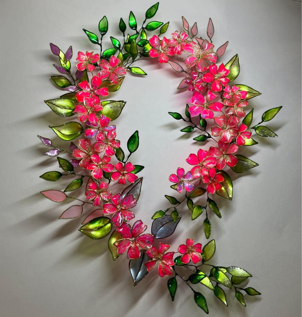 一点物　大きなネオンピンクフラワーリース　ディップアート　ワイヤークラフト