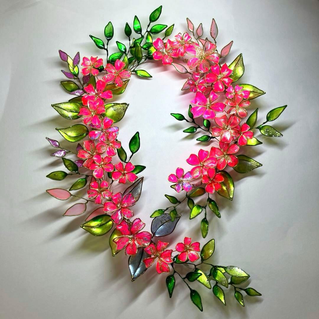 一点物　大きなネオンピンクフラワーリース　ディップアート　ワイヤークラフト