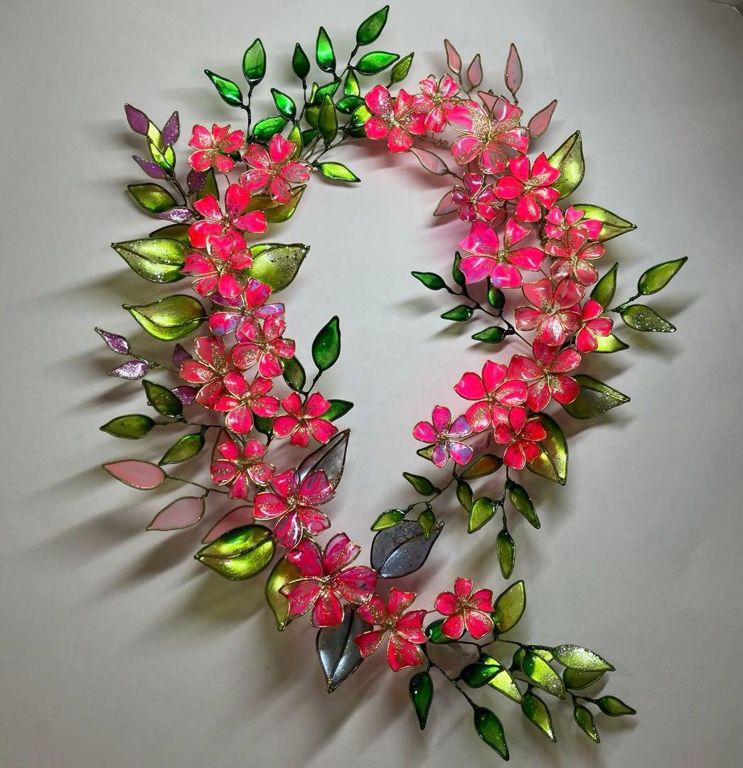 一点物　大きなネオンピンクフラワーリース　ディップアート　ワイヤークラフト