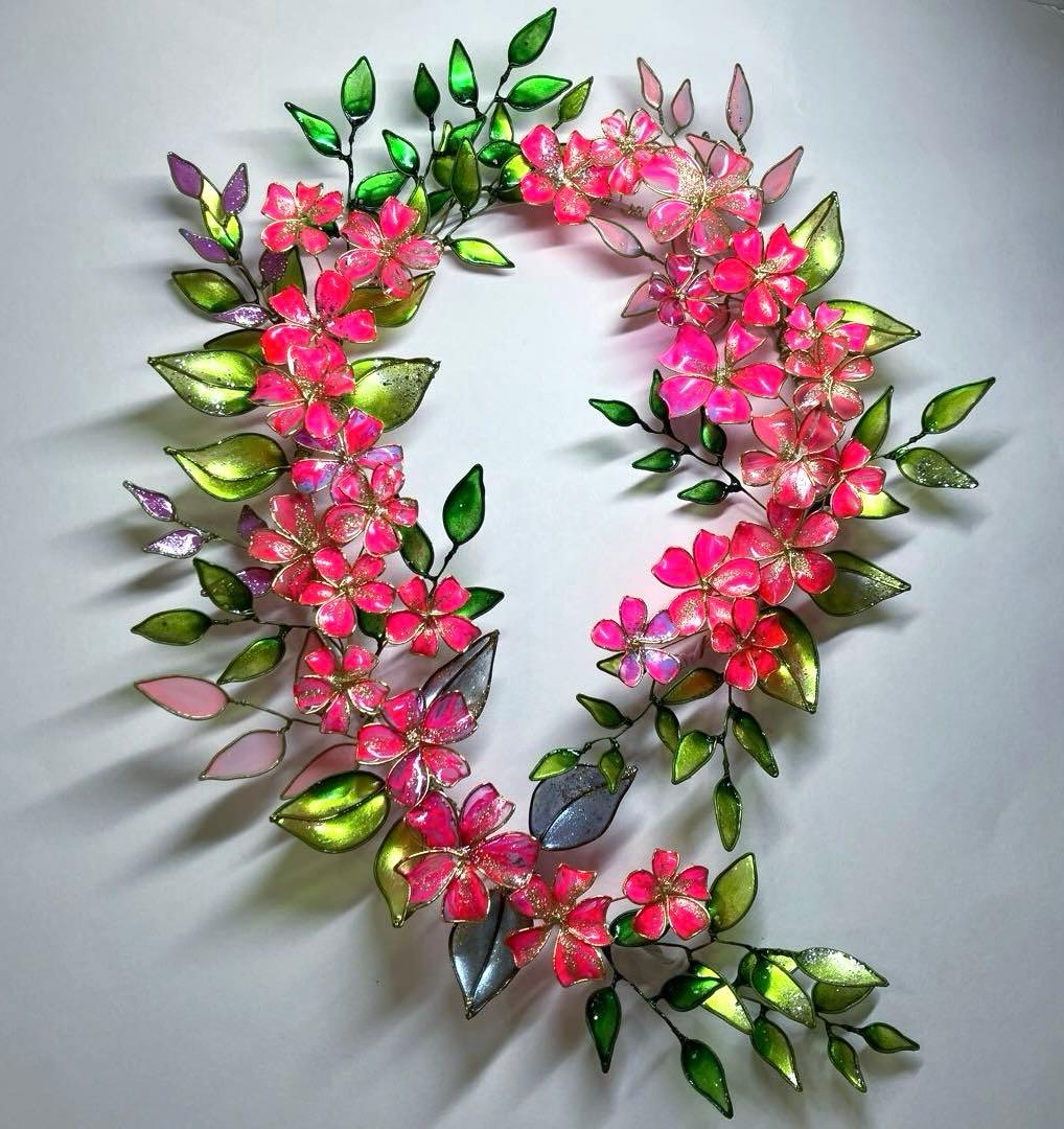 一点物　大きなネオンピンクフラワーリース　ディップアート　ワイヤークラフト