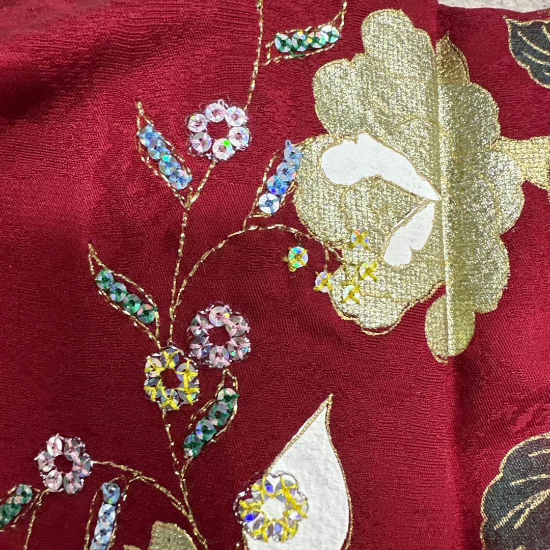 桂由美 落款あり 薔薇 蝶 ラインストーン 赤×紫×金 振袖