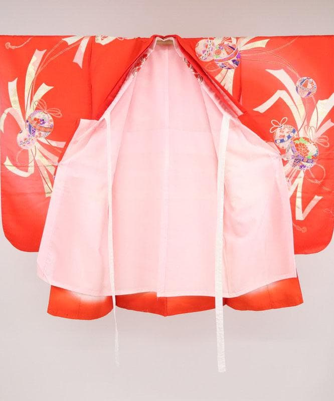 七五三着物11点セット7歳 女の子 束ね熨斗に鞠 子供着物 赤 化繊 11RR2