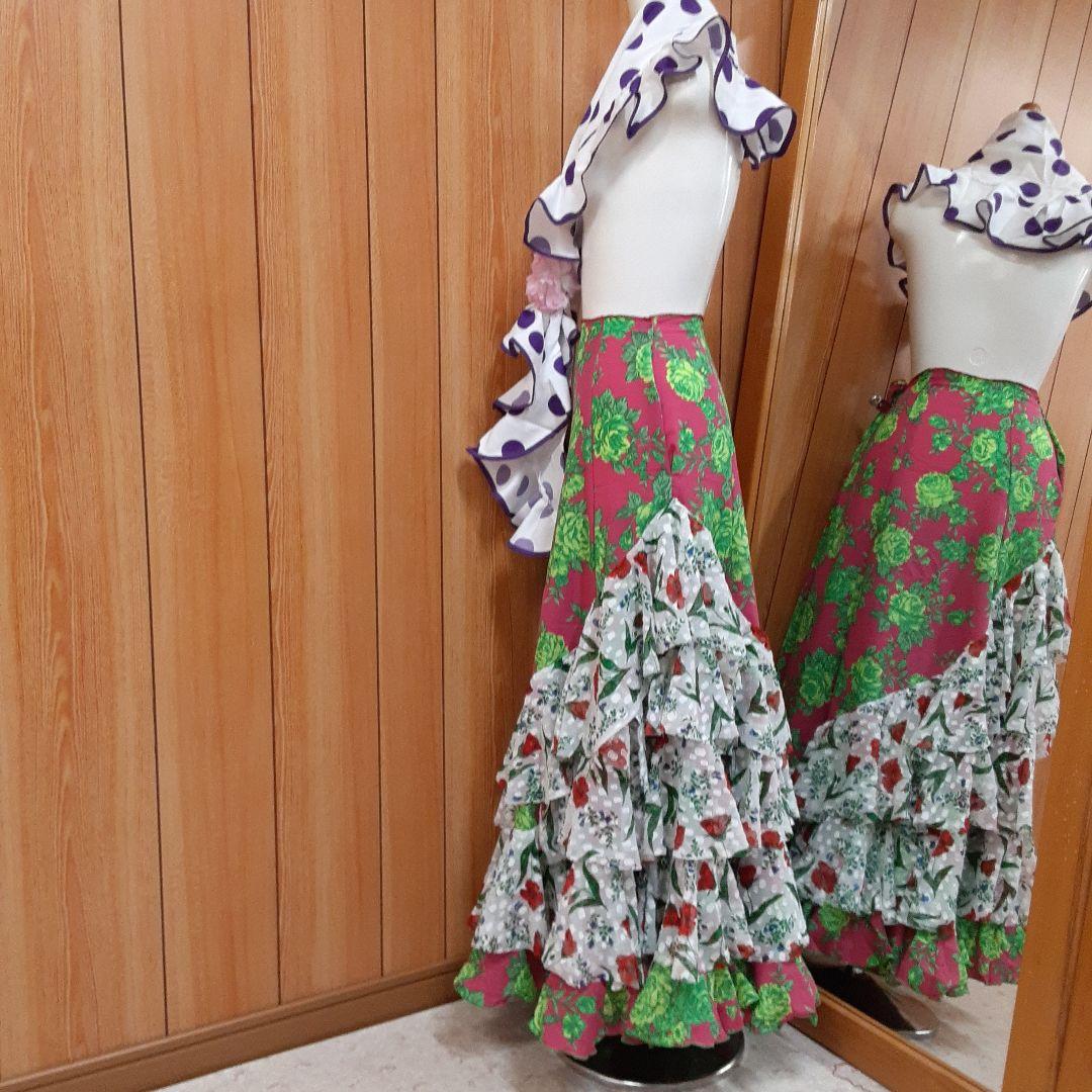 フラメンコ衣装　ファルダのみ　豪華白/赤花柄レースジャガード　 ★フリル1段追加