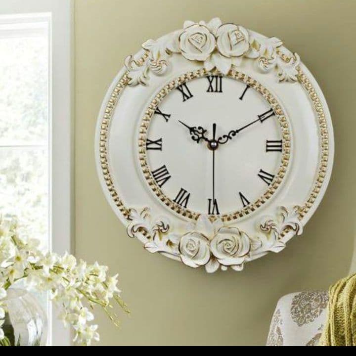 白　新品　壁掛け時計　静音　アンティーク調　掛け時計　ヨーロッパ　シャビー　バラ