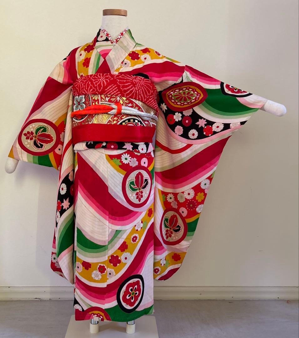 7歳　七五三　アンティーク正絹着物、アンティーク帯、帯揚げ、帯締め、しごきセット