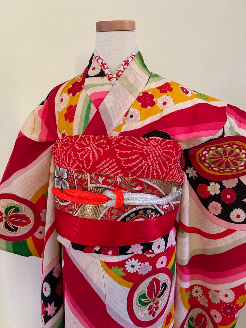 7歳　七五三　アンティーク正絹着物、アンティーク帯、帯揚げ、帯締め、しごきセット