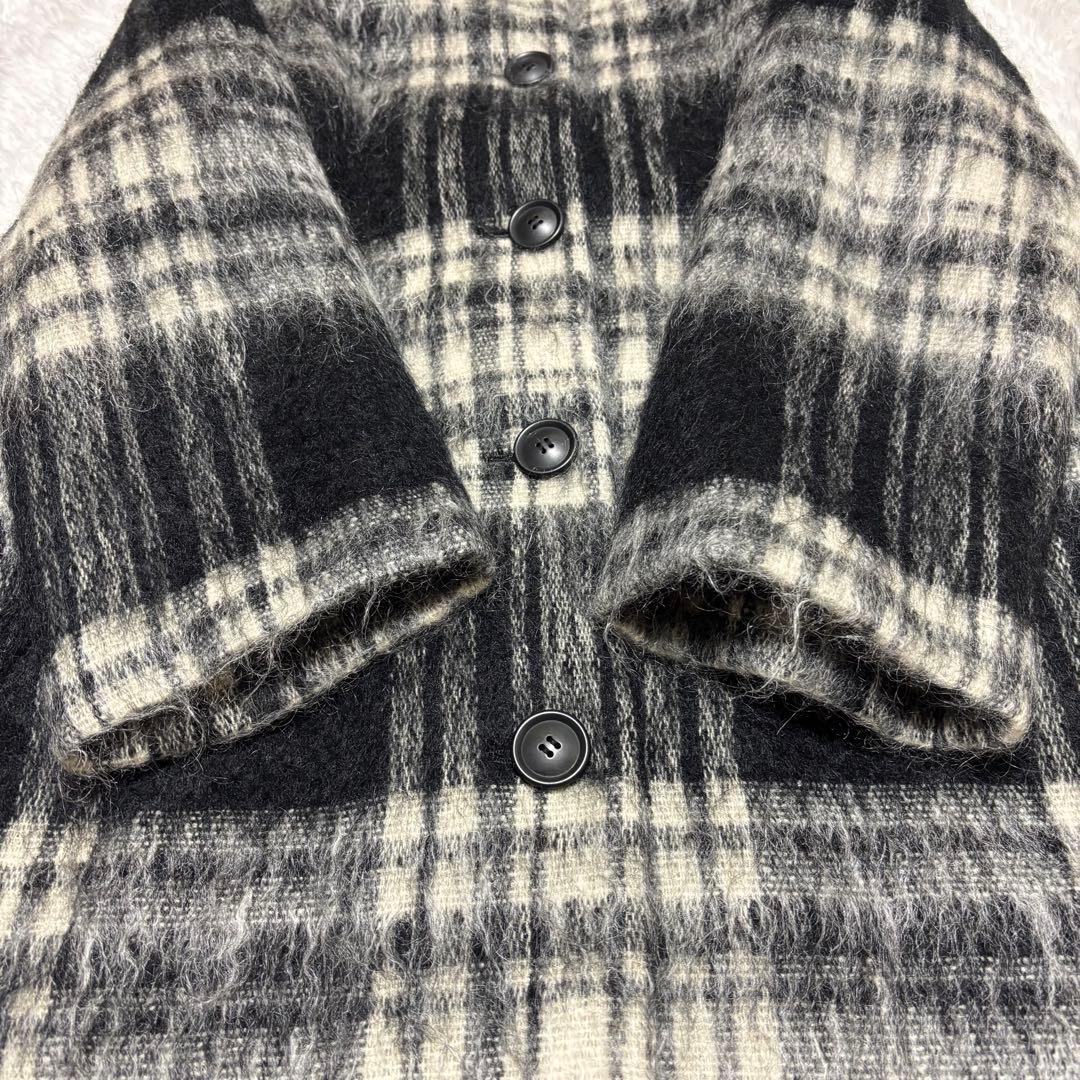 Yorkland モヘア シャギー ウール チェック ロング コート ブラック