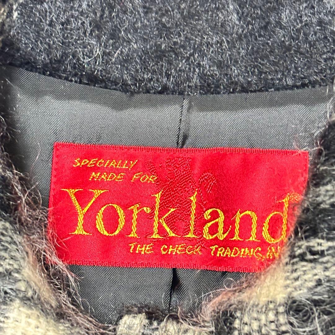 Yorkland モヘア シャギー ウール チェック ロング コート ブラック