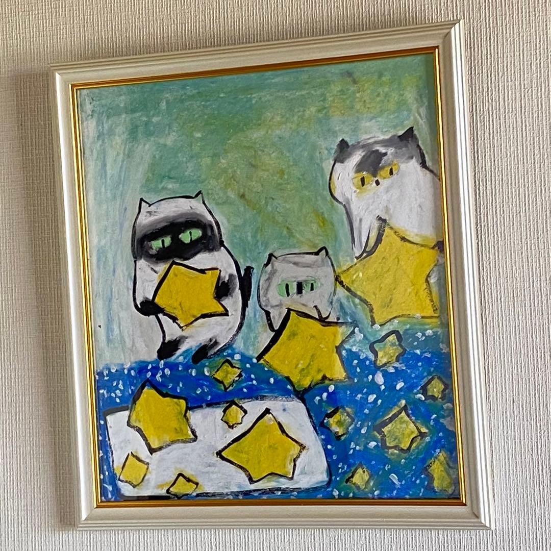 絵画 。壁掛け絵手描き【猫たちは銀河にかわいい星を入れている】