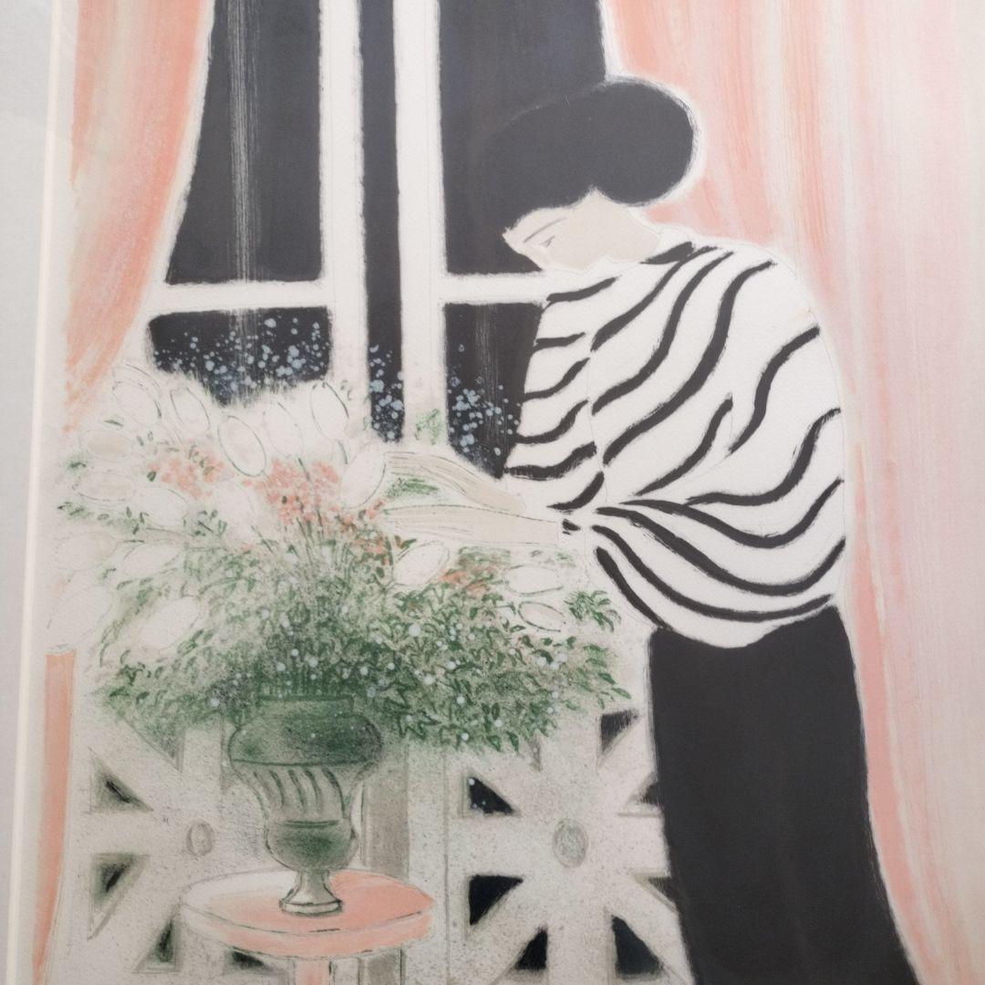 ブラジリエ作リトグラフ、 女性と花 116/125 金色フレーム - メルカリ