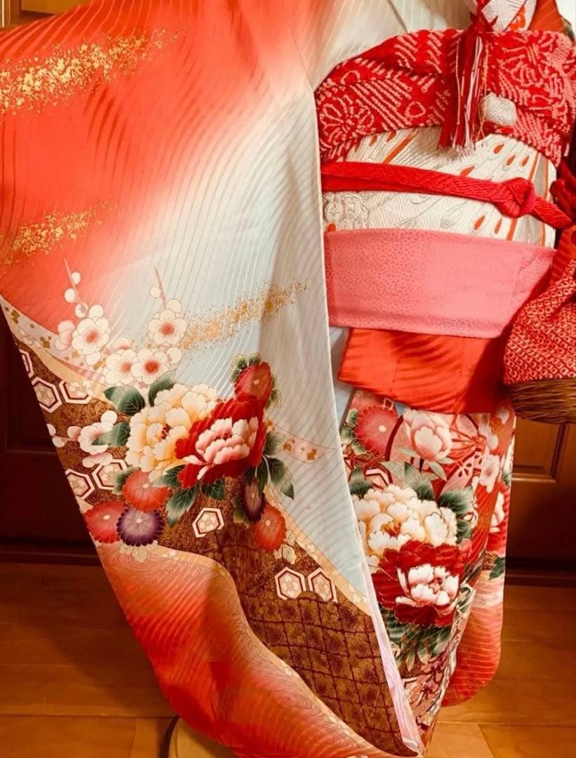 七五三　五歳から七歳の女の子のお支度　正絹の振り袖コーディネート　牡丹梅菊鴛鴦