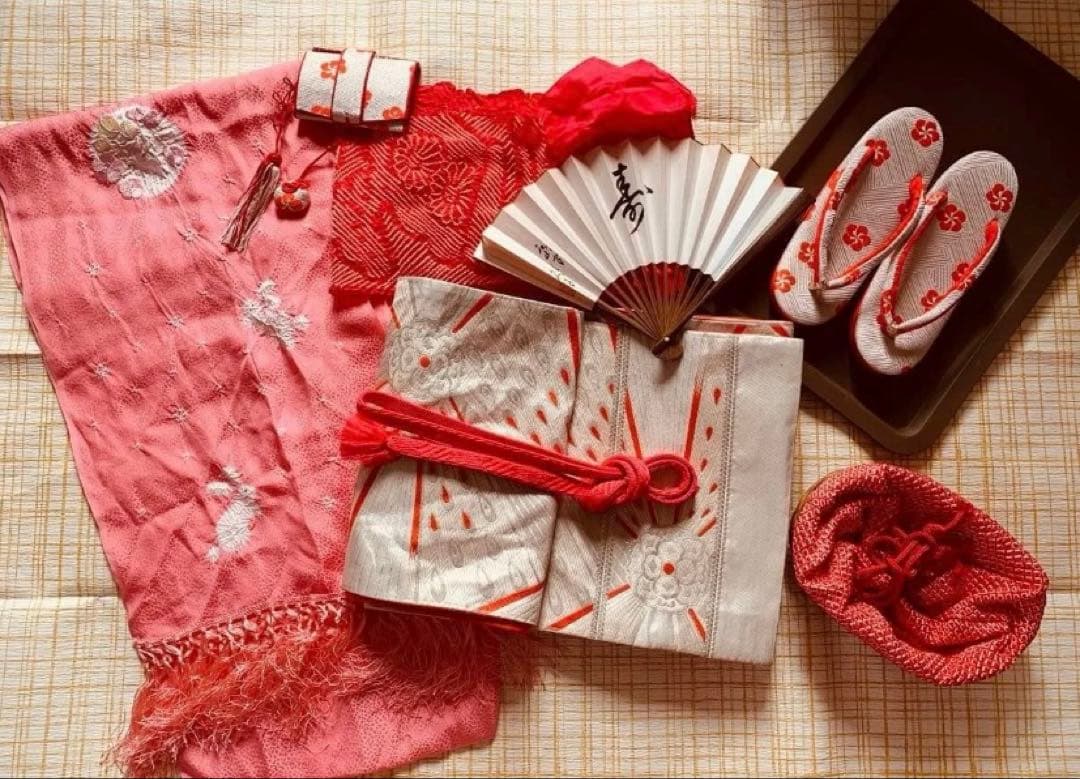 七五三　五歳から七歳の女の子のお支度　正絹の振り袖コーディネート　牡丹梅菊鴛鴦