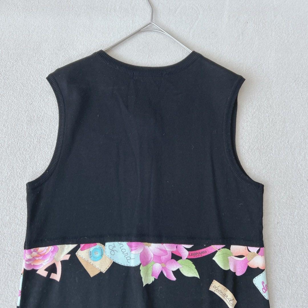 美品✨レオナール　ニットワンピース　ロング　ペチコート付　トリム　花柄　40