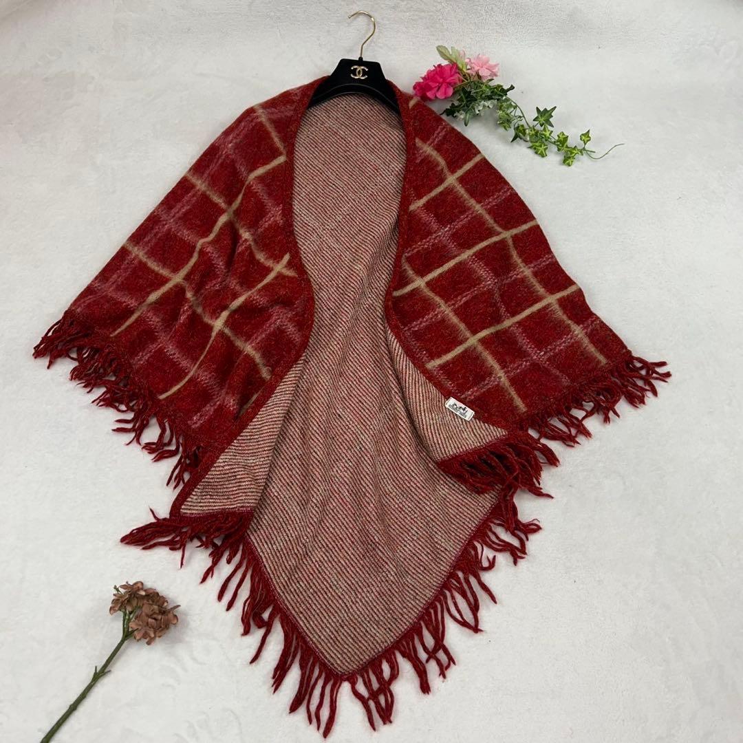 J199 エルメス チェック柄 フリンジ ショール レッド レディース