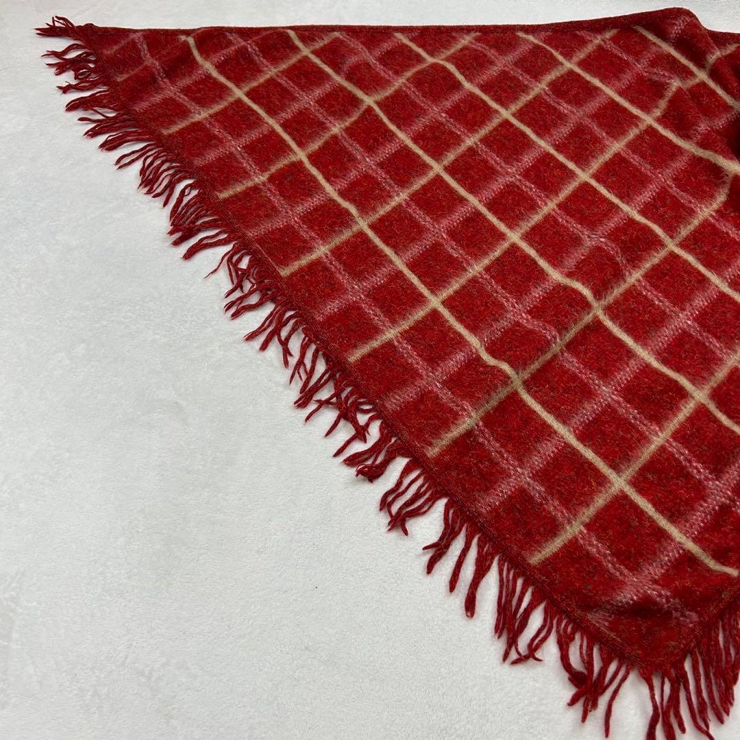 J199 エルメス チェック柄 フリンジ ショール レッド レディース