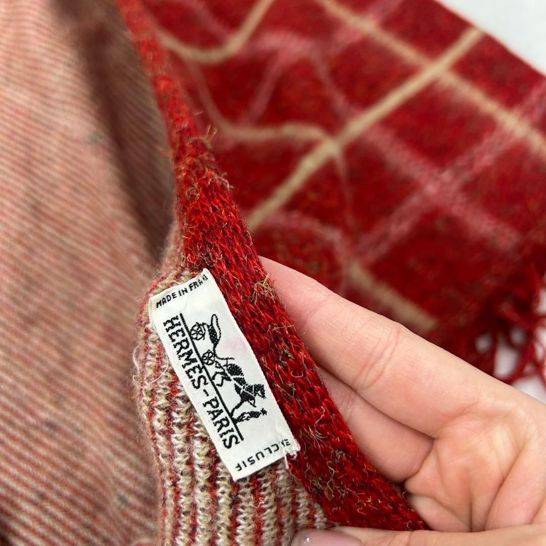 J199 エルメス チェック柄 フリンジ ショール レッド レディース