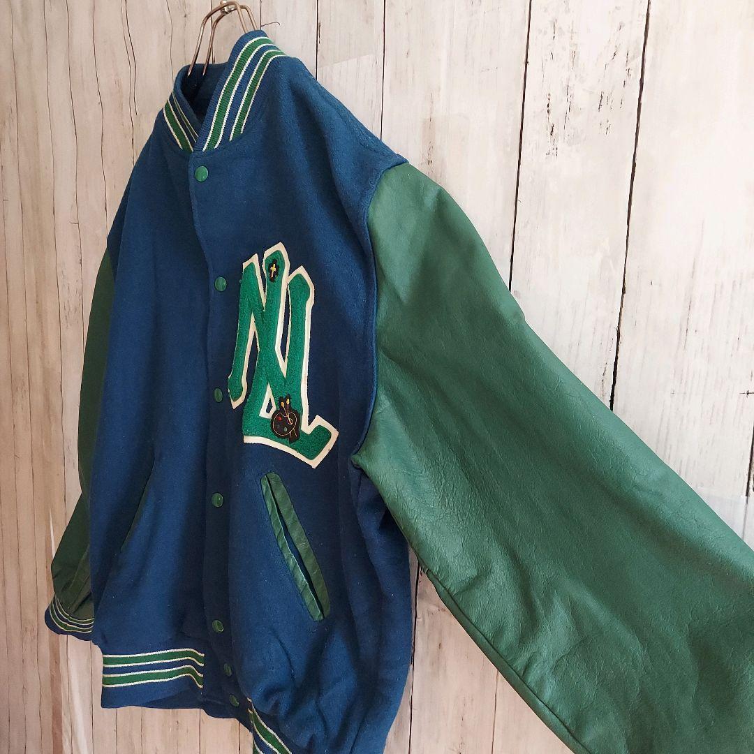 【HOLLOWAY】ホロウェイ USA製 刺繍 袖レザー スタジャン L 緑