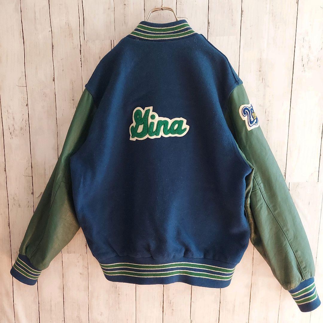 【HOLLOWAY】ホロウェイ USA製 刺繍 袖レザー スタジャン L 緑