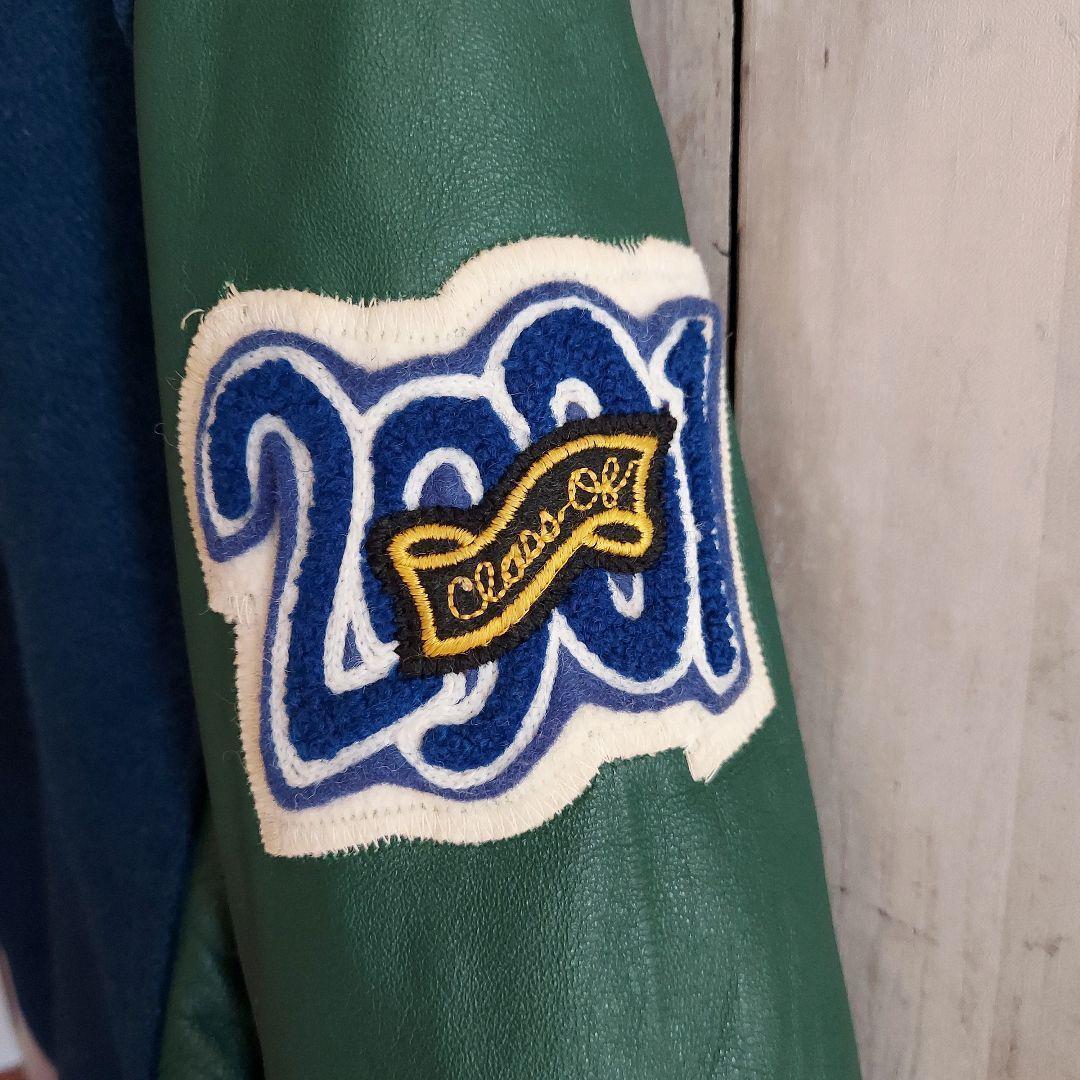 【HOLLOWAY】ホロウェイ USA製 刺繍 袖レザー スタジャン L 緑