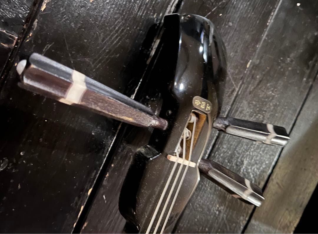 三線本体 黒と金の蛇柄 ケース付き