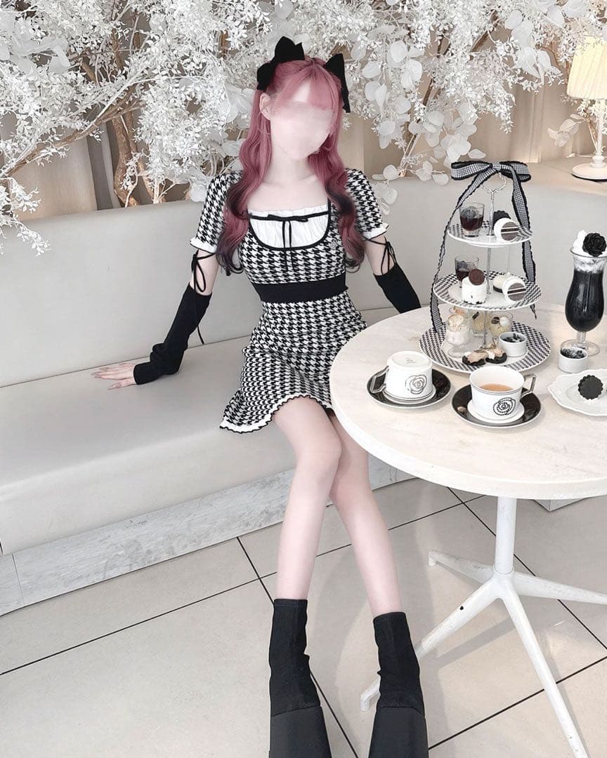 HONEY MEW アームカバー付きバックリボン千鳥ワンピース 最高