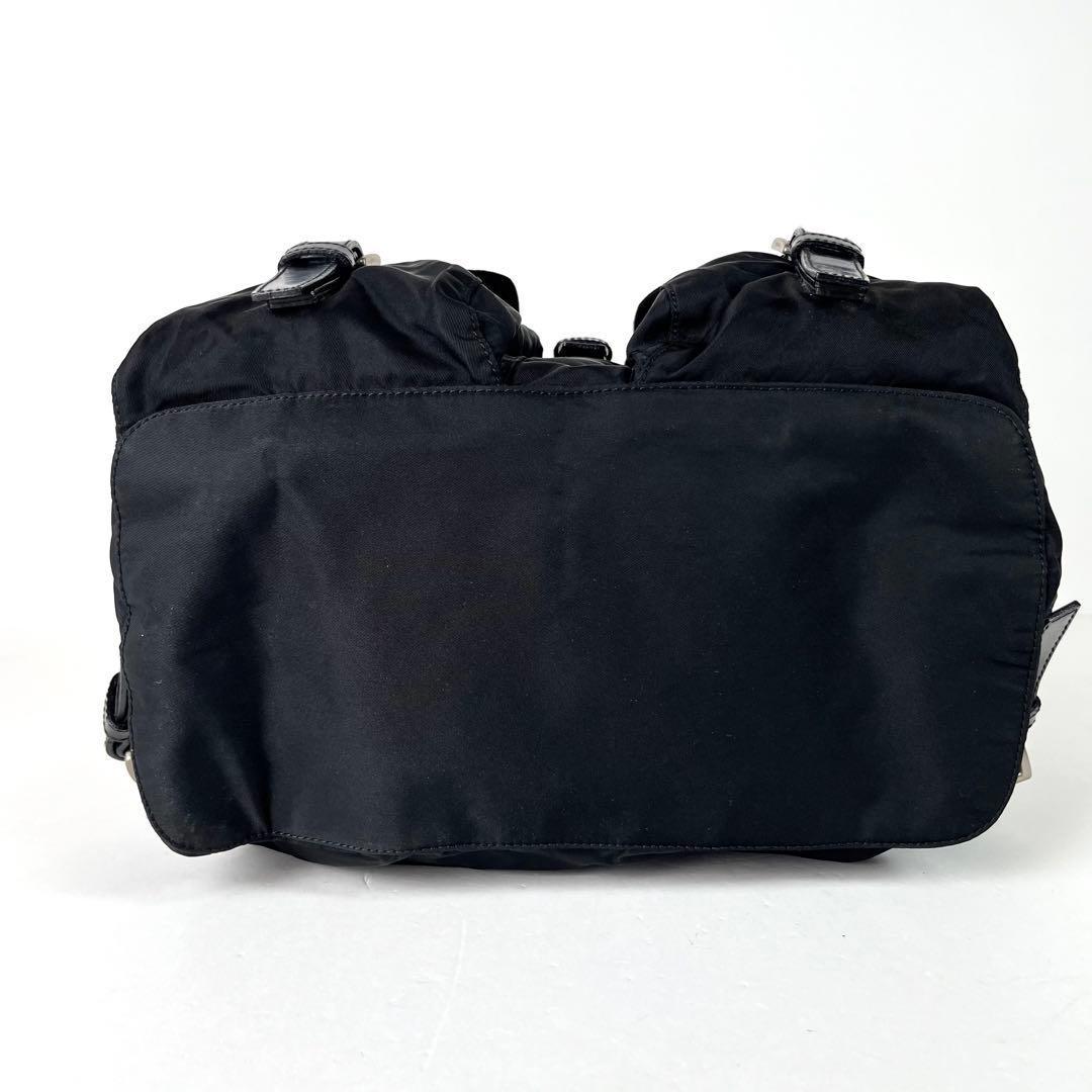 極美品 プラダ リュック 巾着 三角ロゴプレート ナイロン レザー ブラック