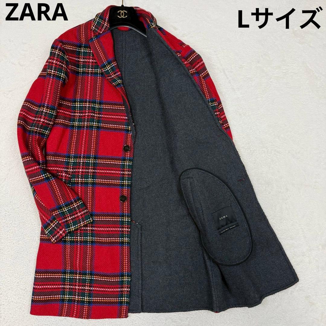 Lサイズ ZARA タータンチェック チェスターコート　レッド シングル