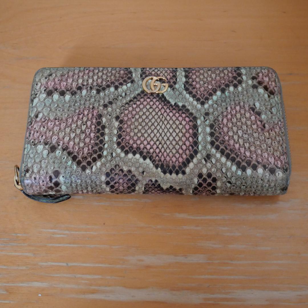 希少/美品 グッチ 長財布 GGマーモント パイソン 　グリーン系　 レザー