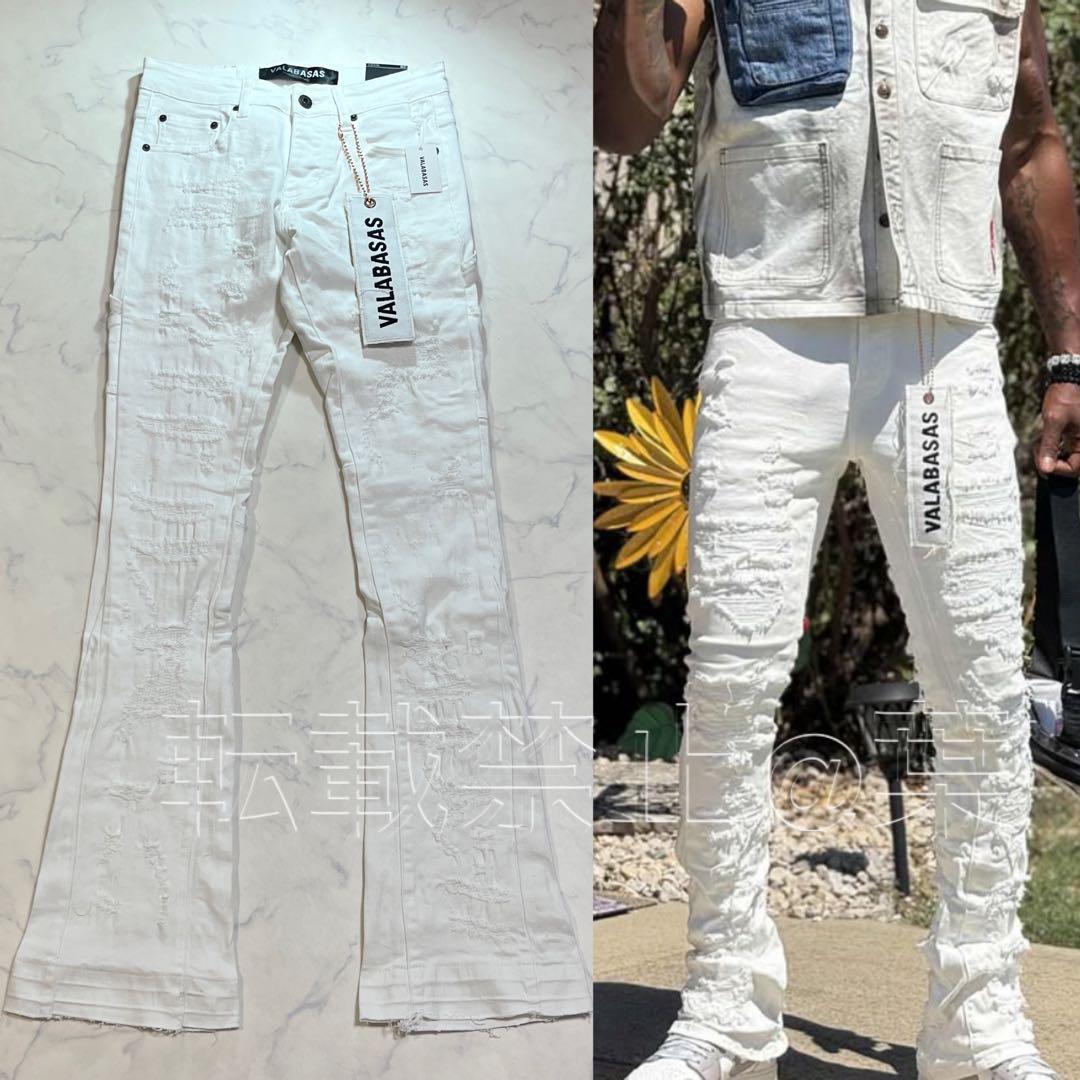 valabasasバラバサス クラッシュリペアスキニーフレアデニム ホワイト